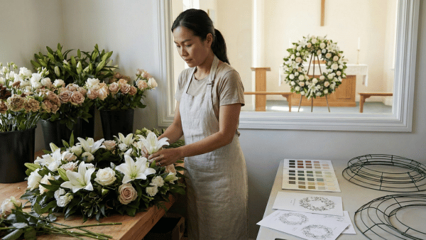 พวงหรีดดอกไม้สดโทนขาวเขียว จัดอย่างสุภาพสำหรับพิธีศพ